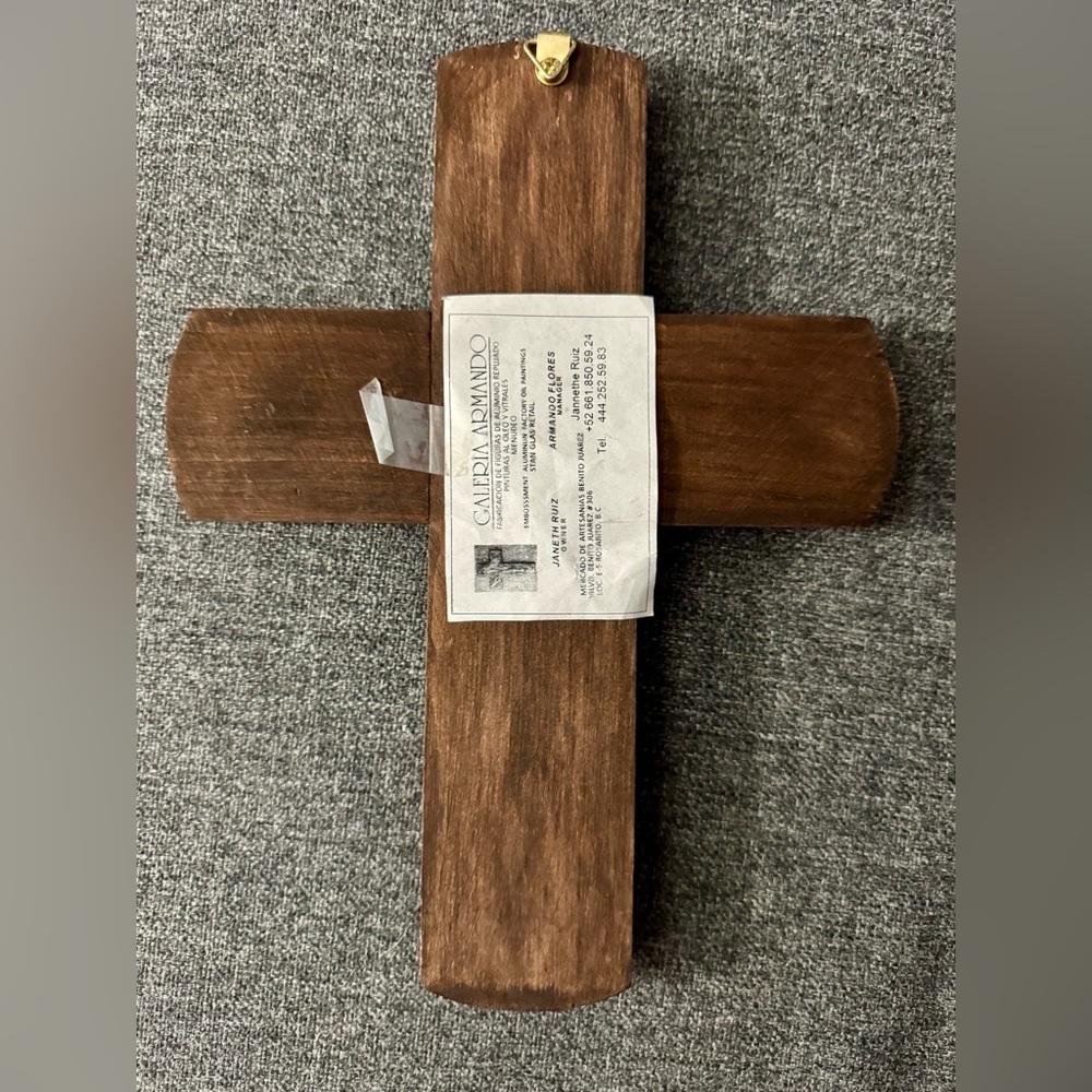 Handmade Mexican Decorative Wall Cross with Tooled Metal Wood Sunflower Design - Picture 3 of 6
